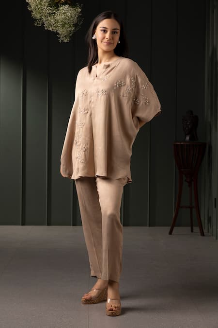 Myst Designs Floral Pearl Embroidered Cape With Trousers 