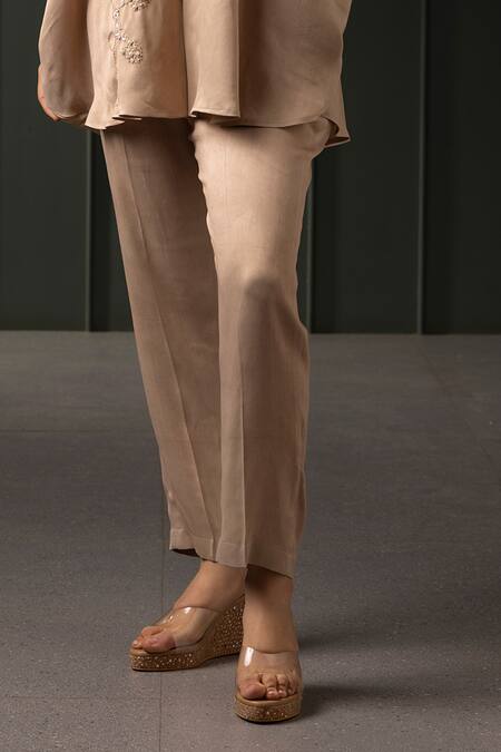 Myst Designs_Beige Modal Floral Pearl Embroidered Cape With Trousers _Online_at_Aza_Fashions