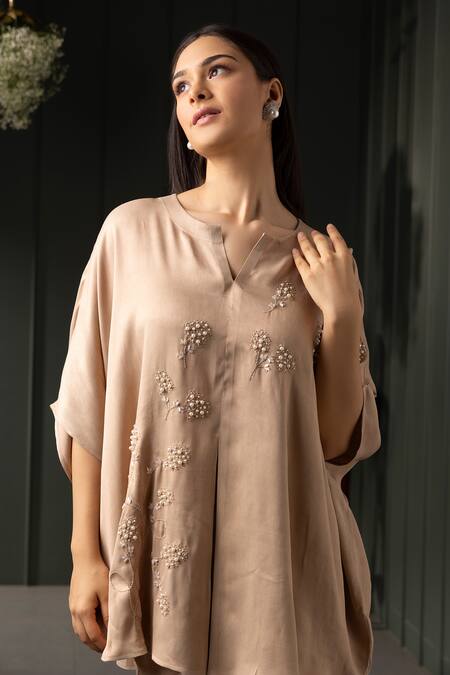 Buy_Myst Designs_Beige Modal Floral Pearl Embroidered Cape With Trousers _Online_at_Aza_Fashions