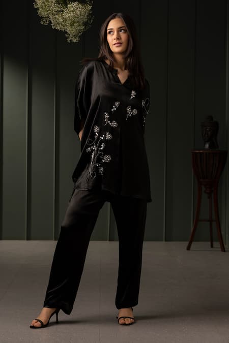 MYST Designs Black Moss Crepe Hand Embroidered Pearl Notched And Stone Cape With Trousers 