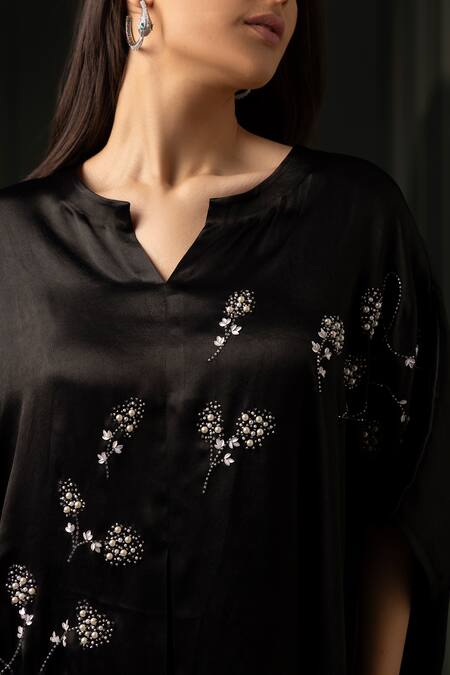 Buy_Myst Designs_Black Modal Pearls Split V-neck And Stone Embroidered Cape With Trousers _Online_at_Aza_Fashions