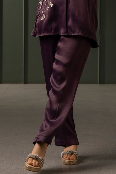 Myst Designs_Purple Modal Pearls Split V-neck Floral Embroidered Cape With Trousers _Online_at_Aza_Fashions