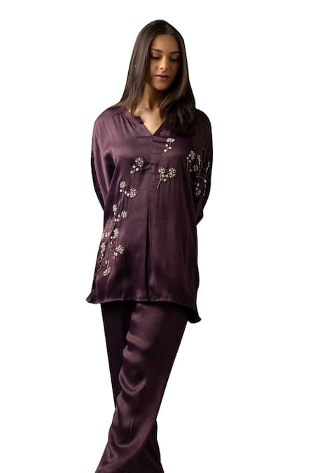 Buy_Myst Designs_Purple Modal Pearls Split V-neck Floral Embroidered Cape With Trousers _Online_at_Aza_Fashions