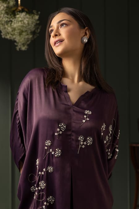 Shop_Myst Designs_Purple Modal Pearls Split V-neck Floral Embroidered Cape With Trousers _Online_at_Aza_Fashions