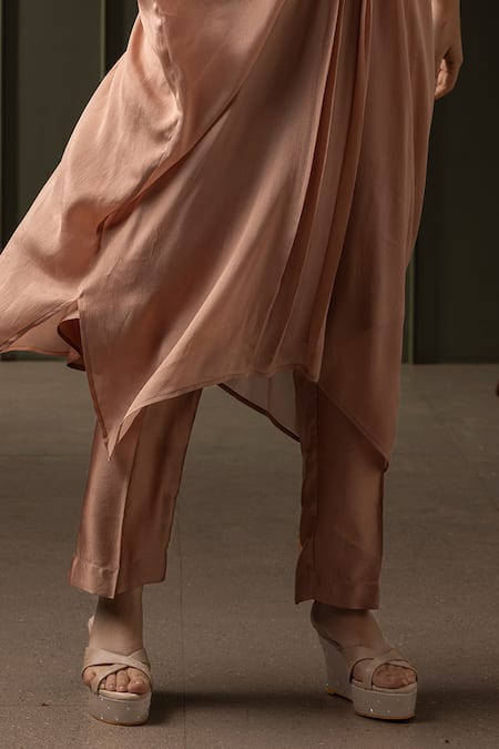 Myst Designs_Beige Modal, Satin Beads Mandarin Collar Embroidered Kaftan With Pant _Online_at_Aza_Fashions