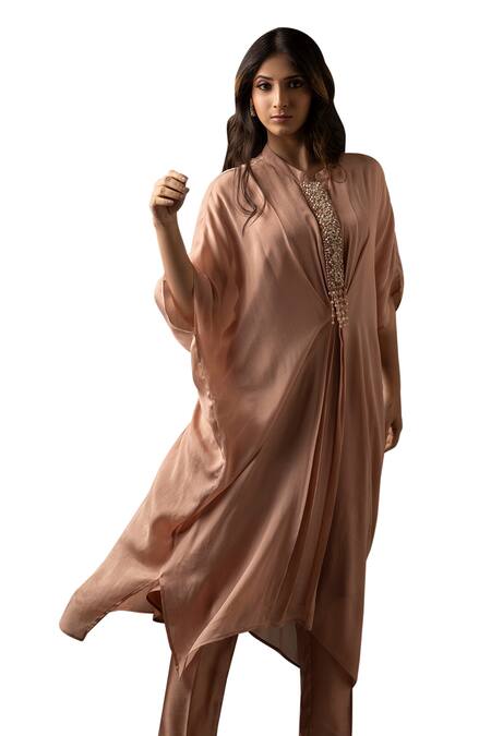 Buy_Myst Designs_Beige Modal, Satin Beads Mandarin Collar Embroidered Kaftan With Pant _Online_at_Aza_Fashions