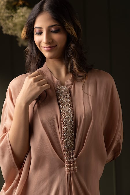 Shop_Myst Designs_Beige Modal, Satin Beads Mandarin Collar Embroidered Kaftan With Pant _Online_at_Aza_Fashions