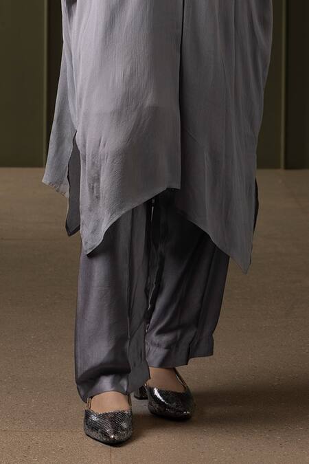 Myst Designs_Grey Modal, Satin Beads, Fringe French Knot Embroidered Kaftan With Pant _Online_at_Aza_Fashions