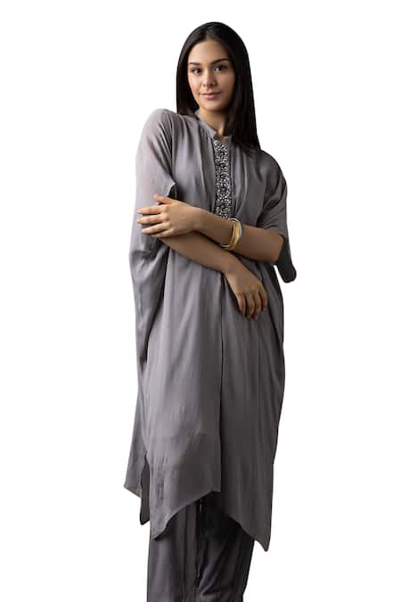 Buy_Myst Designs_Grey Modal, Satin Beads, Fringe French Knot Embroidered Kaftan With Pant _Online_at_Aza_Fashions