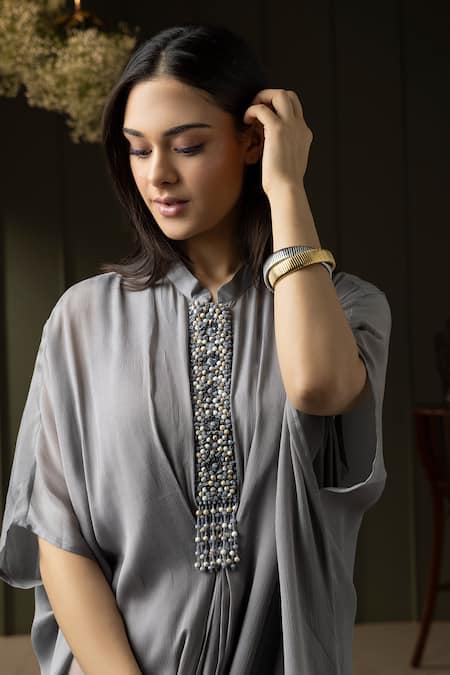 Shop_Myst Designs_Grey Modal, Satin Beads, Fringe French Knot Embroidered Kaftan With Pant _Online_at_Aza_Fashions