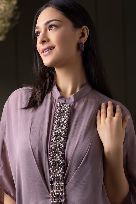 Buy_Myst Designs_Purple Modal, Satin, Chiffon Beads Mandarin Embroidered Placket Kaftan With Pant _Online_at_Aza_Fashions