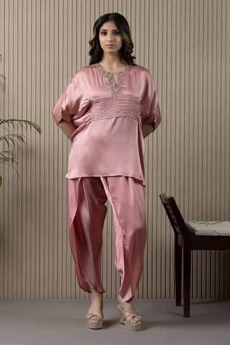 MYST Designs Pink Modal Satin Hand Embroidered Beads Notched Pleated And Top With Dhoti Pant 