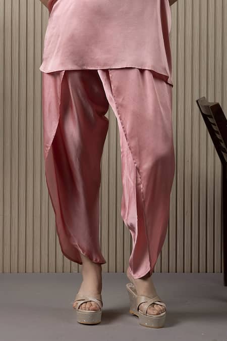 Myst Designs_Pink Modal, Satin Beads Keyhole Neck Pleated And Embroidered Top With Dhoti Pant _Online_at_Aza_Fashions
