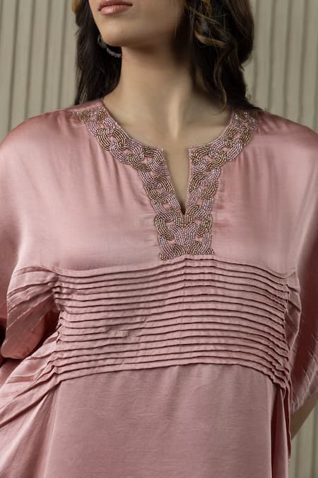 Buy_Myst Designs_Pink Modal, Satin Beads Keyhole Neck Pleated And Embroidered Top With Dhoti Pant _Online_at_Aza_Fashions