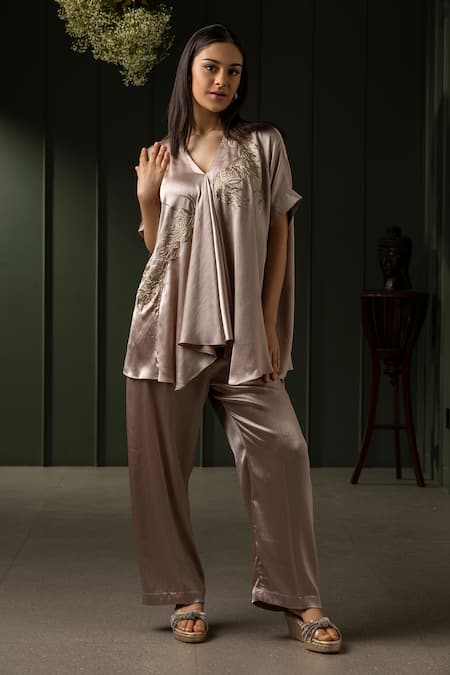 MYST Designs Beige Satin Chiffon Hand Embroidered Beads V-neck Leaf Kaftan Tunic With Pant 