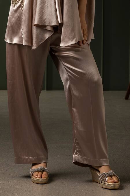 Myst Designs_Beige Satin, Chiffon Beads V-neck Leaf Embroidered Kaftan Tunic With Pant _Online_at_Aza_Fashions