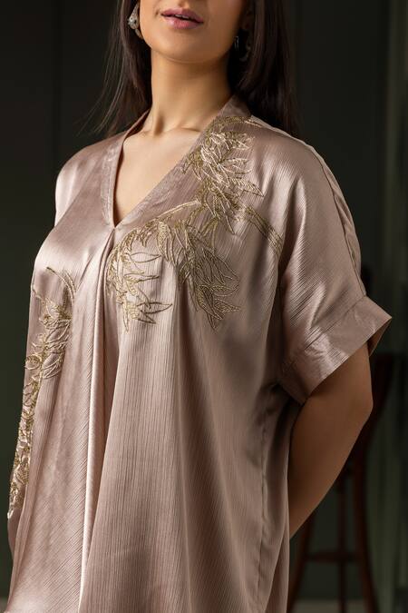 Buy_Myst Designs_Beige Satin, Chiffon Beads V-neck Leaf Embroidered Kaftan Tunic With Pant _Online_at_Aza_Fashions