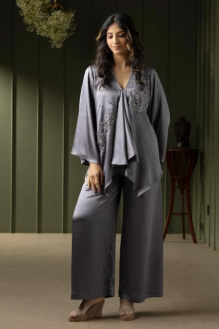 MYST Designs Grey Satin Chiffon Hand Embroidered Beads V-neck Kaftan Tunic With Pant 