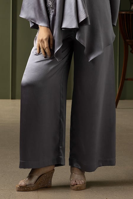 Myst Designs_Grey Satin, Chiffon Beads V-neck Embroidered Kaftan Tunic With Pant _Online_at_Aza_Fashions