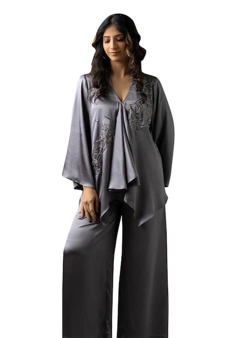 Buy_Myst Designs_Grey Satin, Chiffon Beads V-neck Embroidered Kaftan Tunic With Pant _Online_at_Aza_Fashions