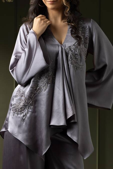 Shop_Myst Designs_Grey Satin, Chiffon Beads V-neck Embroidered Kaftan Tunic With Pant _Online_at_Aza_Fashions
