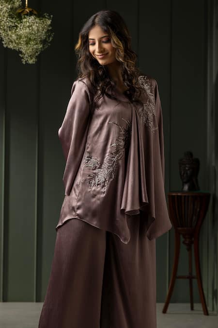 Myst Designs_Purple Satin, Chiffon Beads V-neck Leaf Motif Embroidered Kaftan Tunic With Pant _Online_at_Aza_Fashions