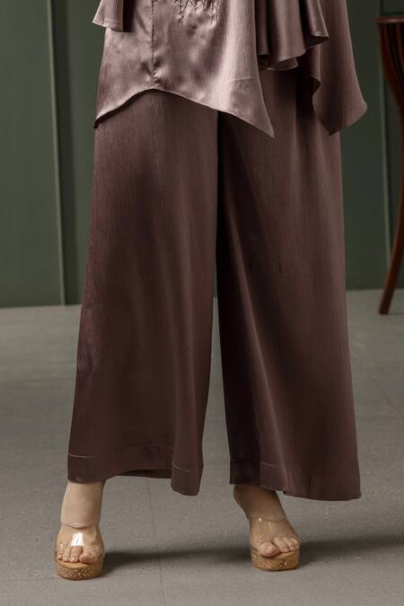 Buy_Myst Designs_Purple Satin, Chiffon Beads V-neck Leaf Motif Embroidered Kaftan Tunic With Pant _Online_at_Aza_Fashions