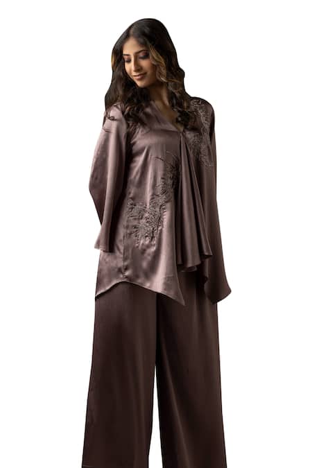 Shop_Myst Designs_Purple Satin, Chiffon Beads V-neck Leaf Motif Embroidered Kaftan Tunic With Pant _Online_at_Aza_Fashions