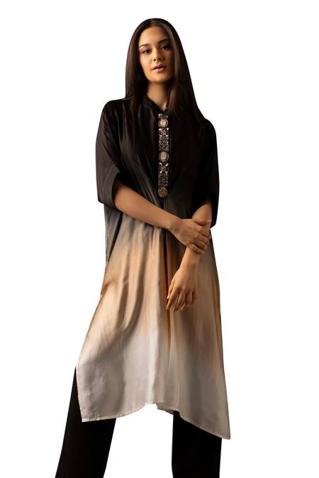 Buy_Myst Designs_Black Modal, Satin Beads, Stones Mandarin Collar And Embroidered Kaftan With Pant _Online_at_Aza_Fashions