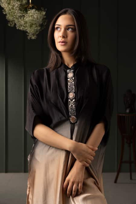 Shop_Myst Designs_Black Modal, Satin Beads, Stones Mandarin Collar And Embroidered Kaftan With Pant _Online_at_Aza_Fashions