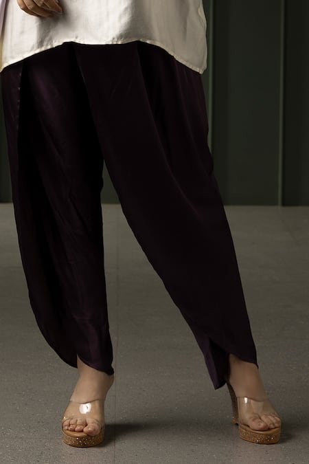 Myst Designs_Purple Modal, Satin Beads Mandarin Collar Embroidered Kaftan Top With Dhoti Pant _Online_at_Aza_Fashions