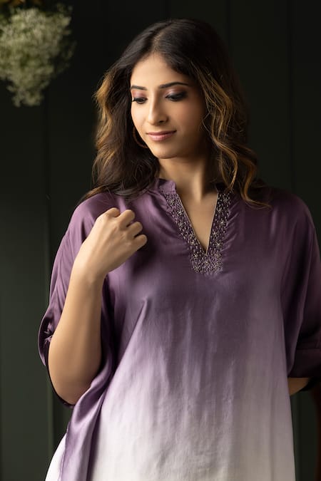 Buy_Myst Designs_Purple Modal, Satin Beads Mandarin Collar Embroidered Kaftan Top With Dhoti Pant _Online_at_Aza_Fashions