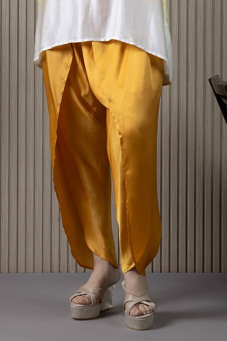 Myst Designs_Yellow Modal, Satin Beads Mandarin Collar Shaded Kaftan Top With Dhoti Pant _Online_at_Aza_Fashions