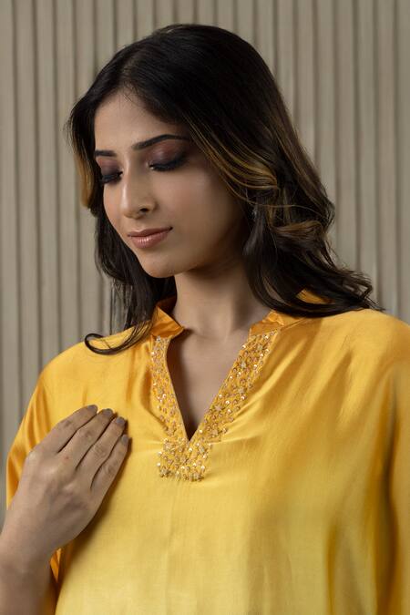 Buy_Myst Designs_Yellow Modal, Satin Beads Mandarin Collar Shaded Kaftan Top With Dhoti Pant _Online_at_Aza_Fashions