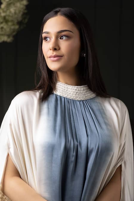 Buy_Myst Designs_Grey Modal, Satin Beads Bandeau Neck Rushed Collar Tunic With Pant _Online_at_Aza_Fashions