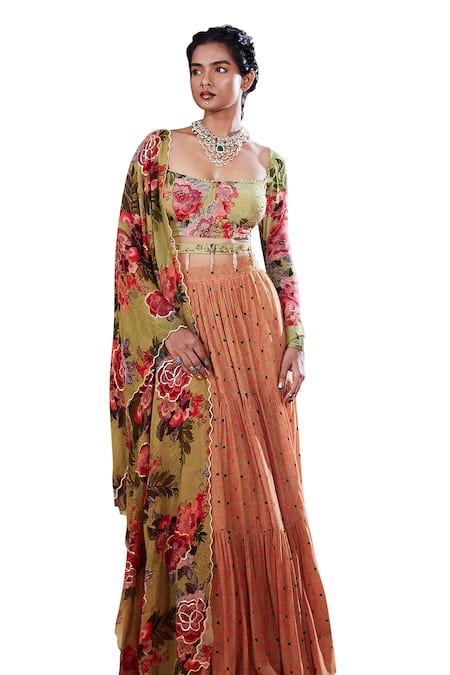 Affroz Green Crepe Chains, Embroidery, Beads Square Floral Print Blouse Lehenga Set Online at Aza Fashions Affroz_Green Crepe Chains, Embroidery, Beads Square Floral Print Blouse Lehenga Set _Online_at_Aza_Fashions