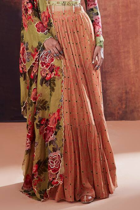 Buy Affroz Green Crepe Chains, Embroidery, Beads Square Floral Print Blouse Lehenga Set Online at Aza Fashions Buy_Affroz_Green Crepe Chains, Embroidery, Beads Square Floral Print Blouse Lehenga Set _Online_at_Aza_Fashions