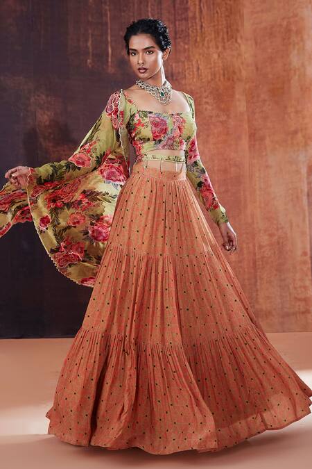 Shop Affroz Green Crepe Chains, Embroidery, Beads Square Floral Print Blouse Lehenga Set Online at Aza Fashions Shop_Affroz_Green Crepe Chains, Embroidery, Beads Square Floral Print Blouse Lehenga Set _Online_at_Aza_Fashions