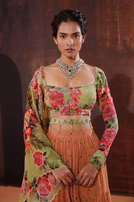 Affroz Green Crepe Chains, Embroidery, Beads Square Floral Print Blouse Lehenga Set at Aza Fashions Affroz_Green Crepe Chains, Embroidery, Beads Square Floral Print Blouse Lehenga Set _at_Aza_Fashions