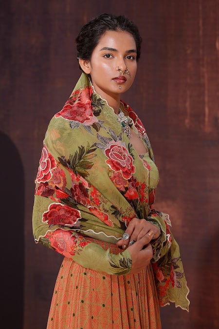 Buy Affroz Green Crepe Chains, Embroidery, Beads Square Floral Print Blouse Lehenga Set Buy_Affroz_Green Crepe Chains, Embroidery, Beads Square Floral Print Blouse Lehenga Set