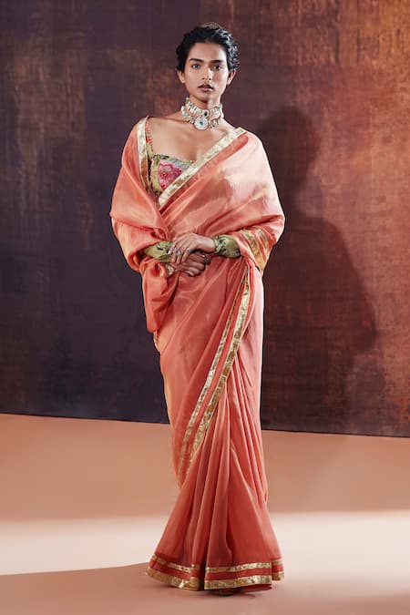 Affroz_Peach Tissue, Silk Gota Patti, Beads, Border Embellished Saree With Blouse _Online_at_Aza_Fashions