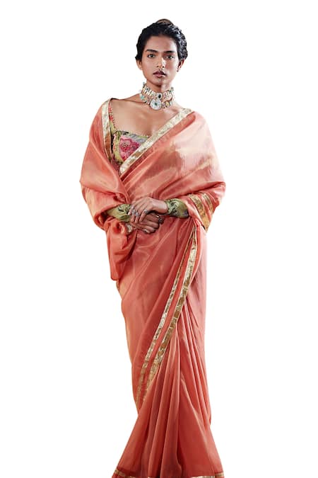 Buy_Affroz_Peach Tissue, Silk Gota Patti, Beads, Border Embellished Saree With Blouse _Online_at_Aza_Fashions