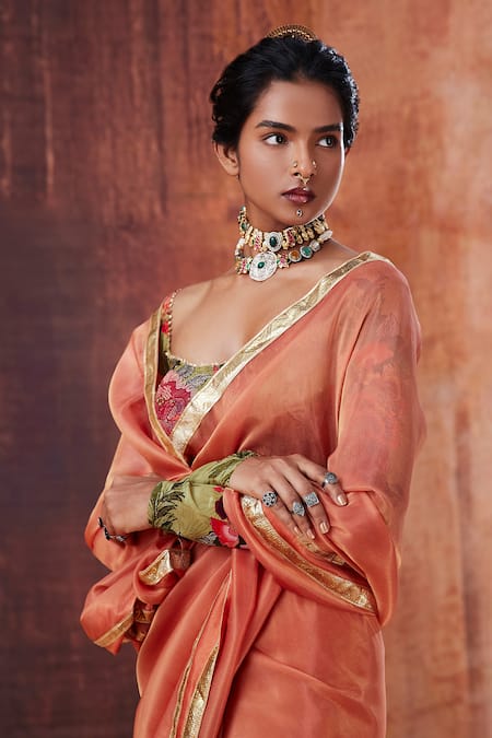 Shop_Affroz_Peach Tissue, Silk Gota Patti, Beads, Border Embellished Saree With Blouse _Online_at_Aza_Fashions