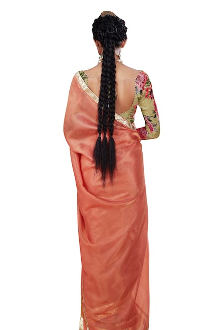 Shop_Affroz_Peach Tissue, Silk Gota Patti, Beads, Border Embellished Saree With Blouse 