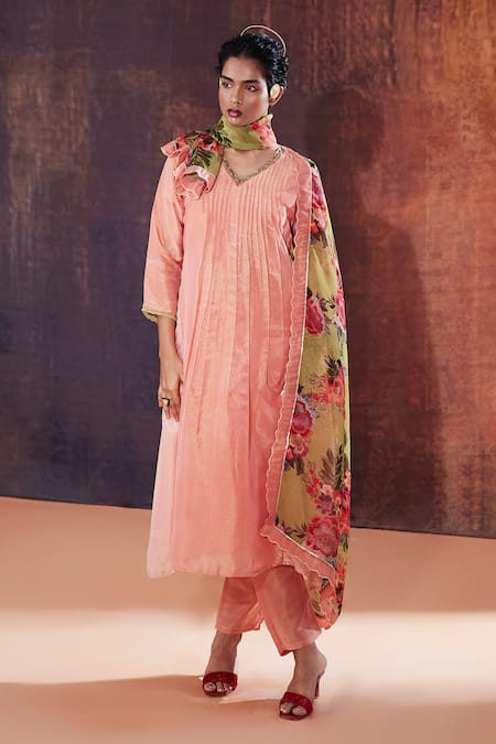 AFFROZ Neckline Embroidered A-Line Pleated Kurta Set 