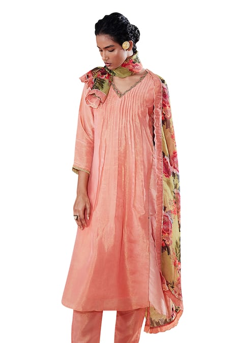 Affroz Pink Tissue, Silk, Chiffon Cut Work, Sequins, Neckline A-line Pleated Kurta Set Online at Aza Fashions Affroz_Pink Tissue, Silk, Chiffon Cut Work, Sequins, Neckline A-line Pleated Kurta Set _Online_at_Aza_Fashions