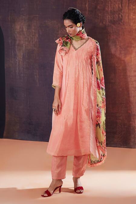 Shop Affroz Pink Tissue, Silk, Chiffon Cut Work, Sequins, Neckline A-line Pleated Kurta Set Online at Aza Fashions Shop_Affroz_Pink Tissue, Silk, Chiffon Cut Work, Sequins, Neckline A-line Pleated Kurta Set _Online_at_Aza_Fashions