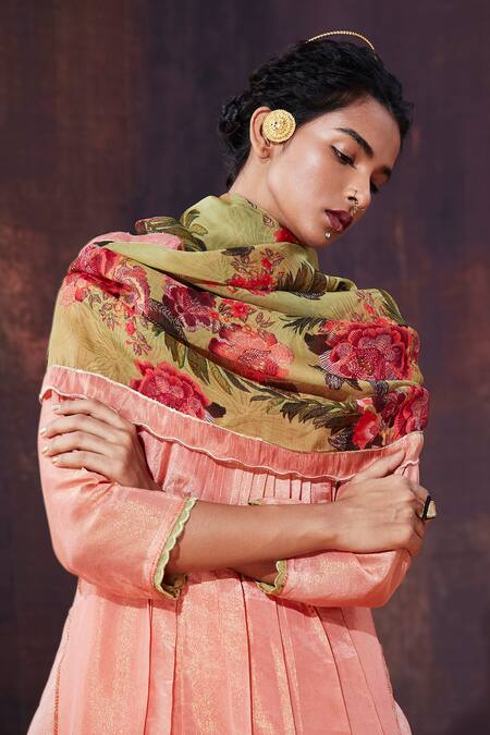 Affroz Pink Tissue, Silk, Chiffon Cut Work, Sequins, Neckline A-line Pleated Kurta Set at Aza Fashions Affroz_Pink Tissue, Silk, Chiffon Cut Work, Sequins, Neckline A-line Pleated Kurta Set _at_Aza_Fashions