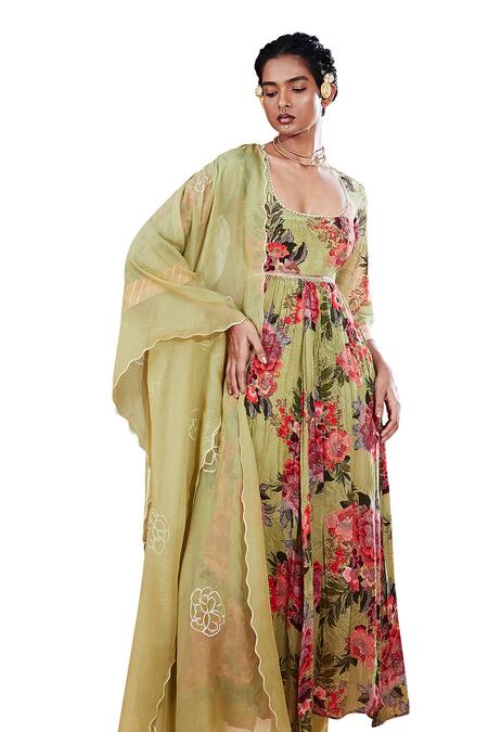 Affroz Green Crepe Sequins, Embroidery Scoop Neck Floral Print Anarkali Set Online at Aza Fashions Affroz_Green Crepe Sequins, Embroidery Scoop Neck Floral Print Anarkali Set _Online_at_Aza_Fashions