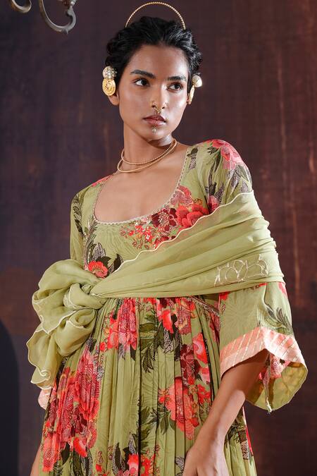 Buy Affroz Green Crepe Sequins, Embroidery Scoop Neck Floral Print Anarkali Set Online at Aza Fashions Buy_Affroz_Green Crepe Sequins, Embroidery Scoop Neck Floral Print Anarkali Set _Online_at_Aza_Fashions